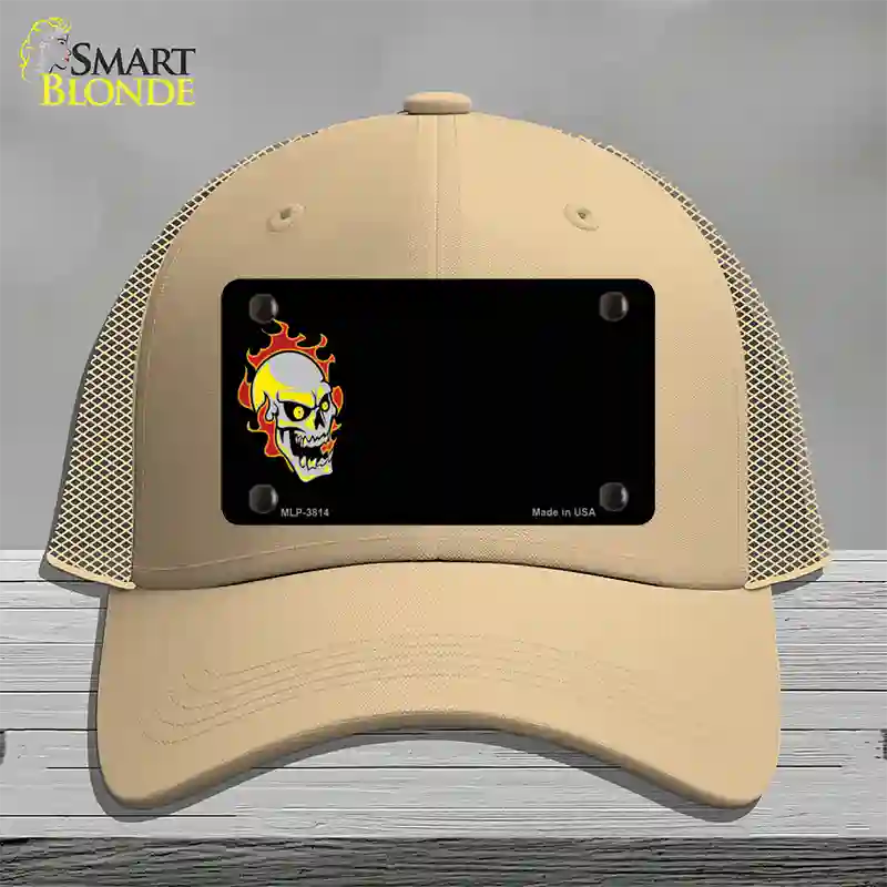 Flaming Skull Offset Novelty License Plate Hat Mesh / Khaki