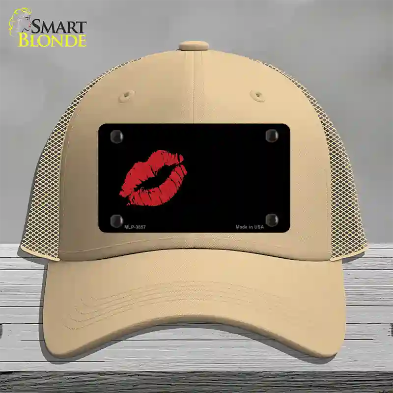 Red Lips Offset Novelty License Plate Hat Mesh / Khaki