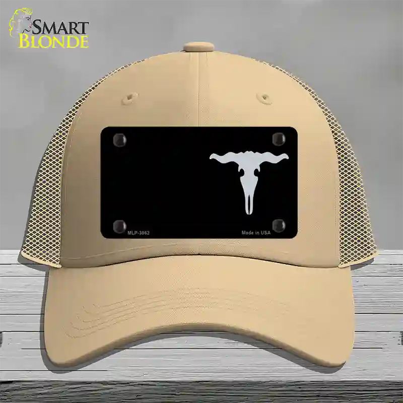 Cattle Skull Offset Novelty License Plate Hat Mesh / Khaki