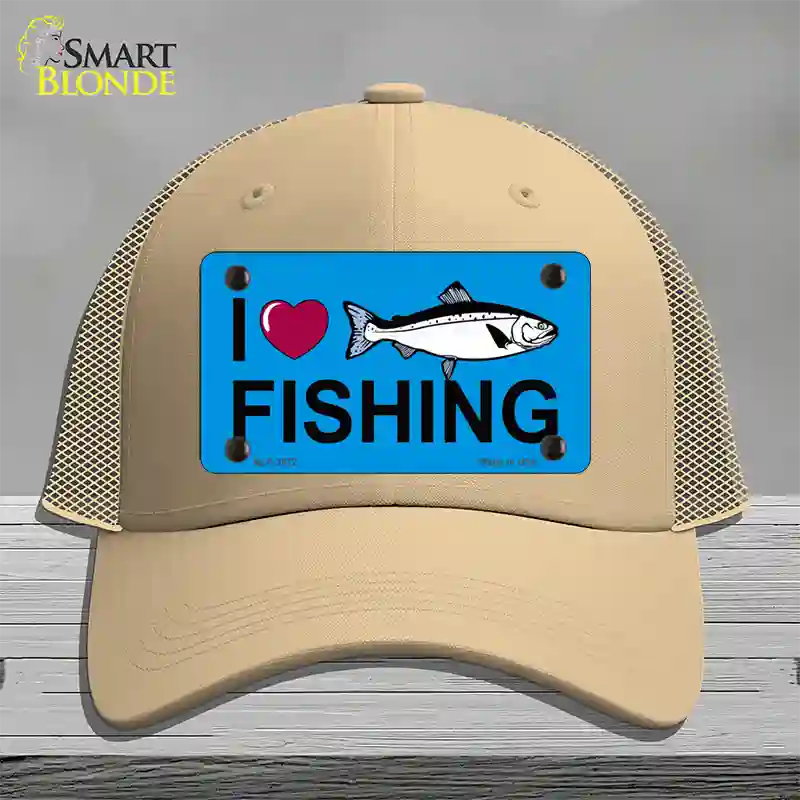 I Love Fishing Novelty License Plate Hat Mesh / Khaki