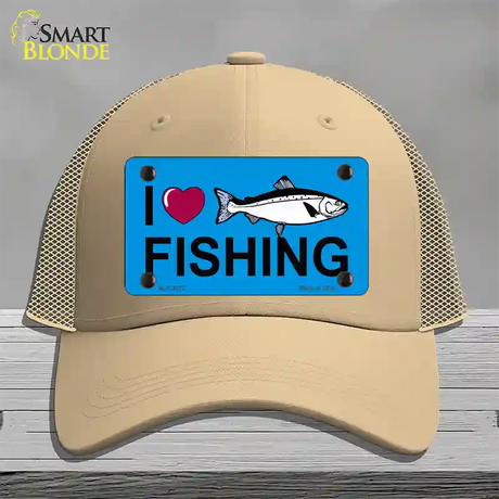 I Love Fishing Novelty License Plate Hat Mesh / Khaki