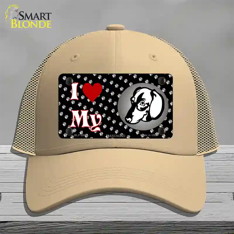 I Love My Daschund Novelty License Plate Hat Mesh / Khaki