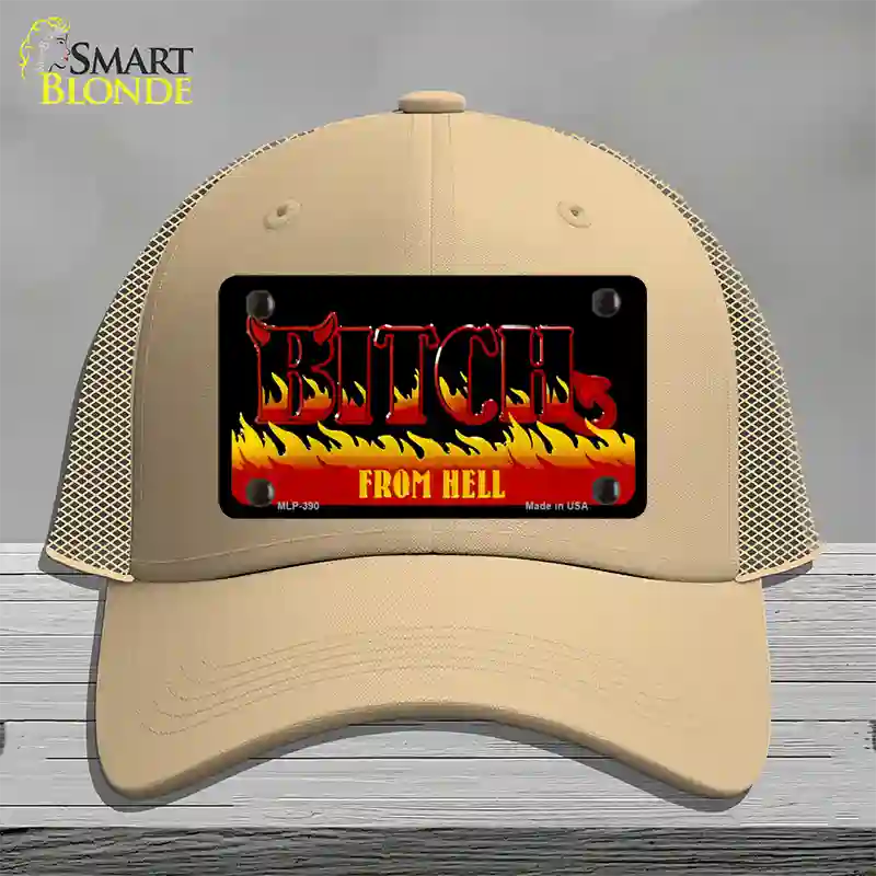 Bitch From Hell Flames Novelty License Plate Hat Mesh / Khaki