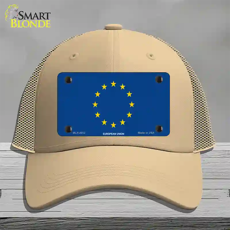 European Union Flag Novelty License Plate Hat Mesh / Khaki