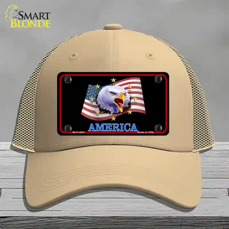 Waving Flag Bald Eagle Black Novelty License Plate Hat Mesh / Khaki