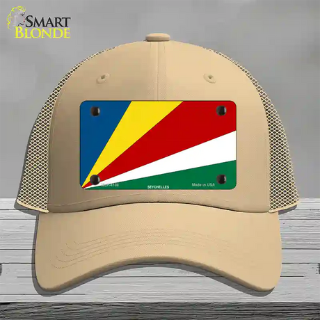 Seychelles Flag Novelty License Plate Hat Mesh / Khaki