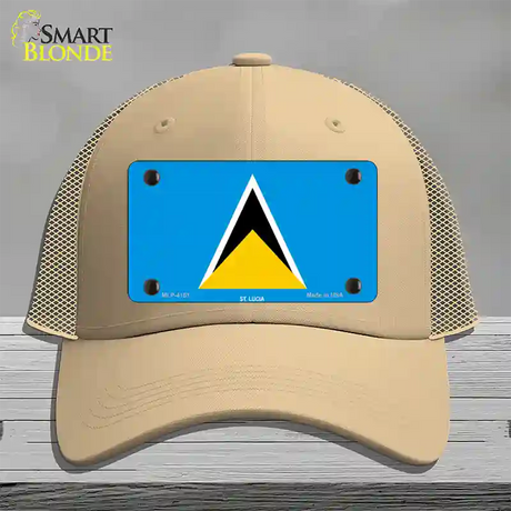 St Lucia Flag Novelty License Plate Hat Mesh / Khaki