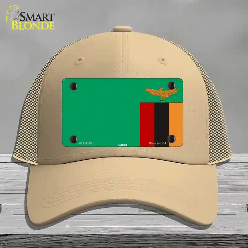 Zambia Flag Novelty License Plate Hat Mesh / Khaki