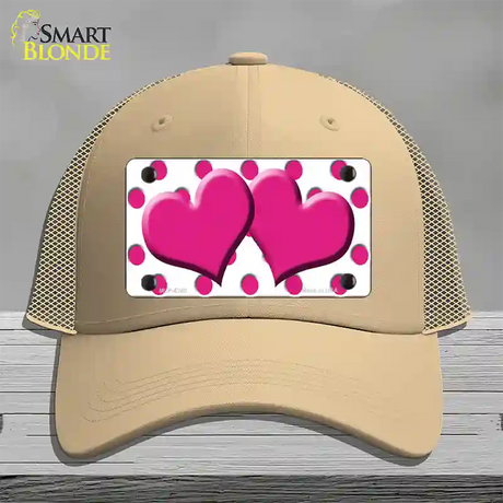 Hot Pink White Polka Dot Hot Pink Centered Hearts Novelty License Plate Hat Mesh / Khaki