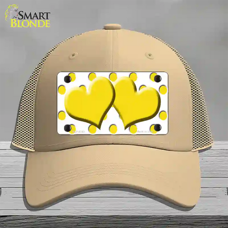 Yellow White Polka Dot Yellow Centered Hearts Novelty License Plate Hat Mesh / Khaki