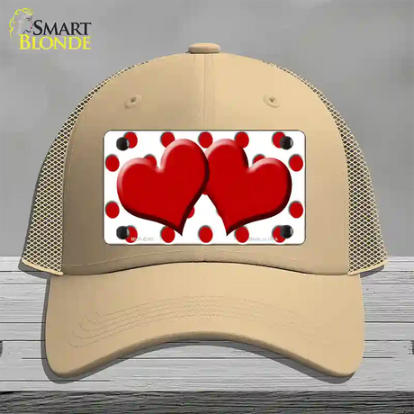 Red White Polka Dot Red Centered Hearts Novelty License Plate Hat Mesh / Khaki