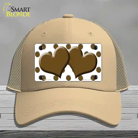 Brown White Polka Dot With Brown Centered Hearts Novelty License Plate Hat Mesh / Khaki