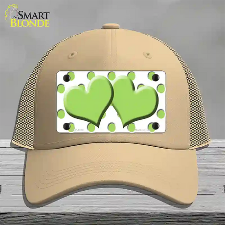 Lime Green White Polka Dot Lime Green Centered Hearts Novelty License Plate Hat Mesh / Khaki