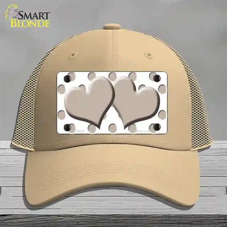 Tan White Polka Dot Tan Centered Hearts Novelty License Plate Hat Mesh / Khaki