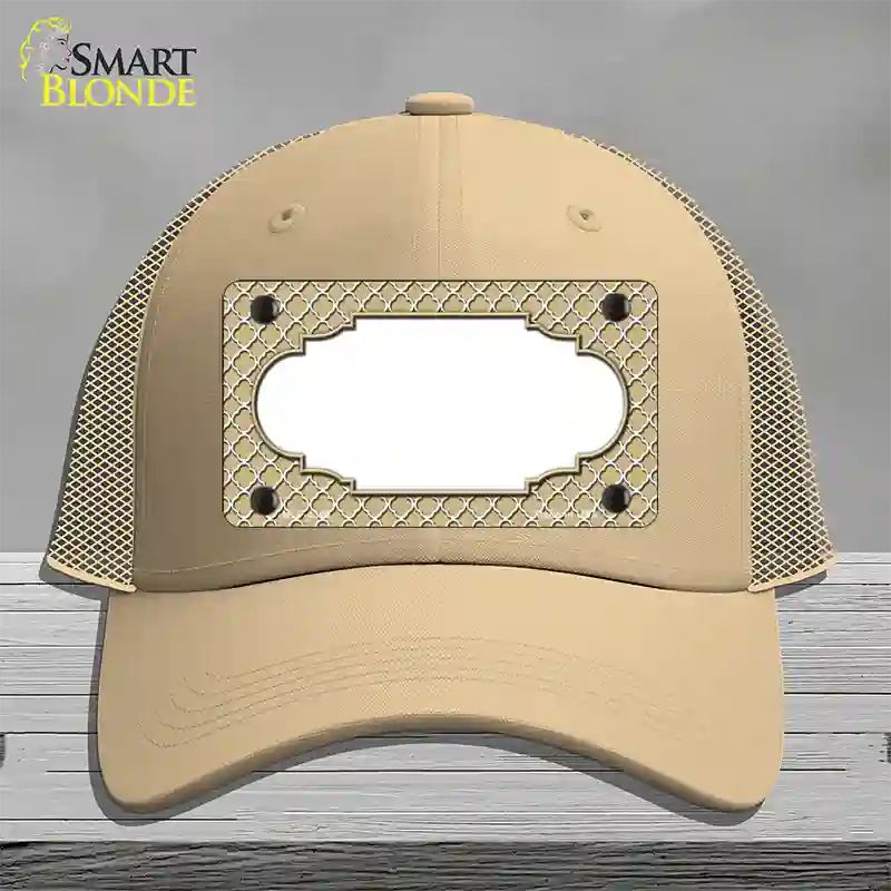 Gold White Quatrefoil Center Scallop Novelty License Plate Hat Mesh / Khaki