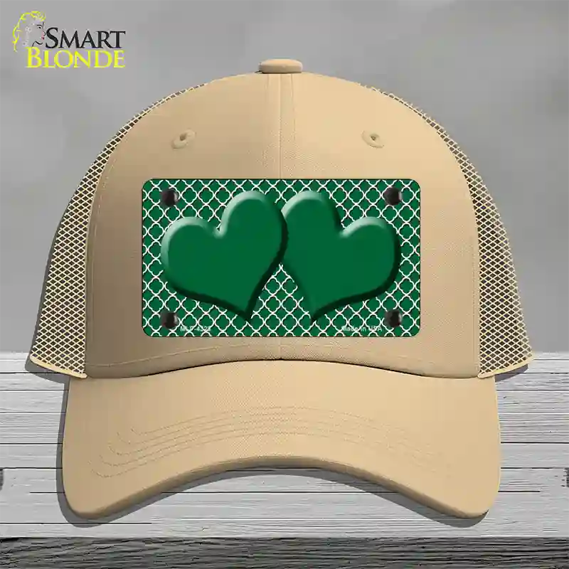 Green White Quatrefoil Green Center Hearts Novelty License Plate Hat Mesh / Khaki