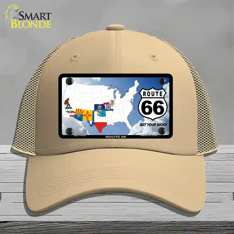 Route 66 8 Flags Clouds Novelty License Plate Hat Mesh / Khaki