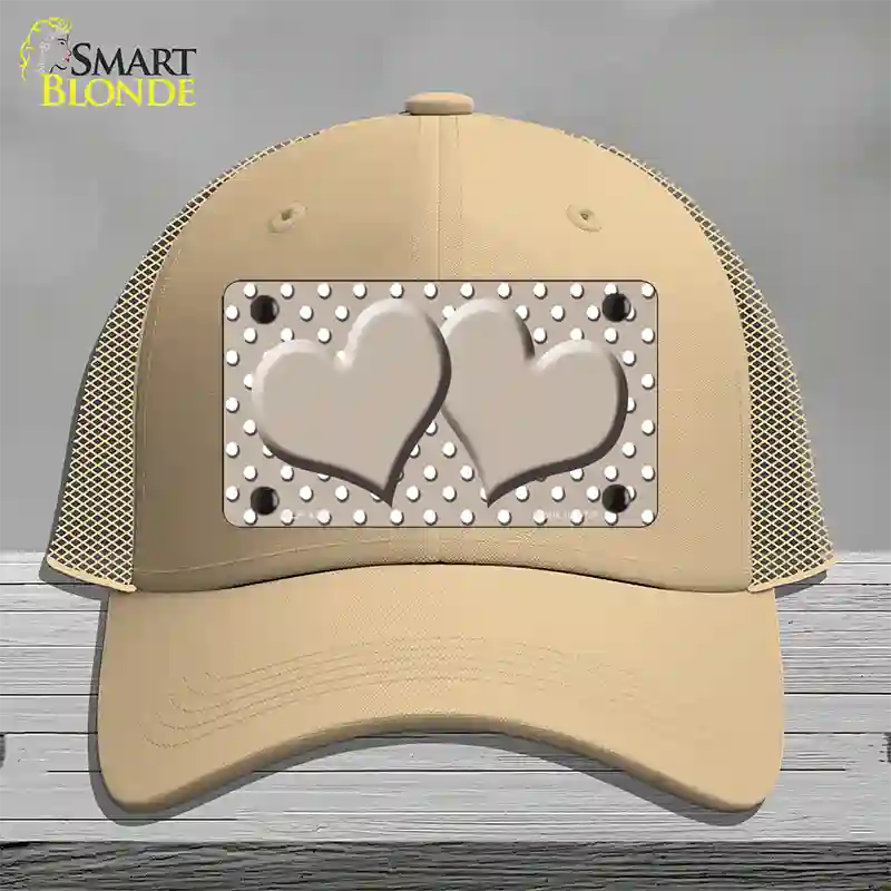 Tan White Polka Dot Center Hearts Novelty License Plate Hat Mesh / Khaki