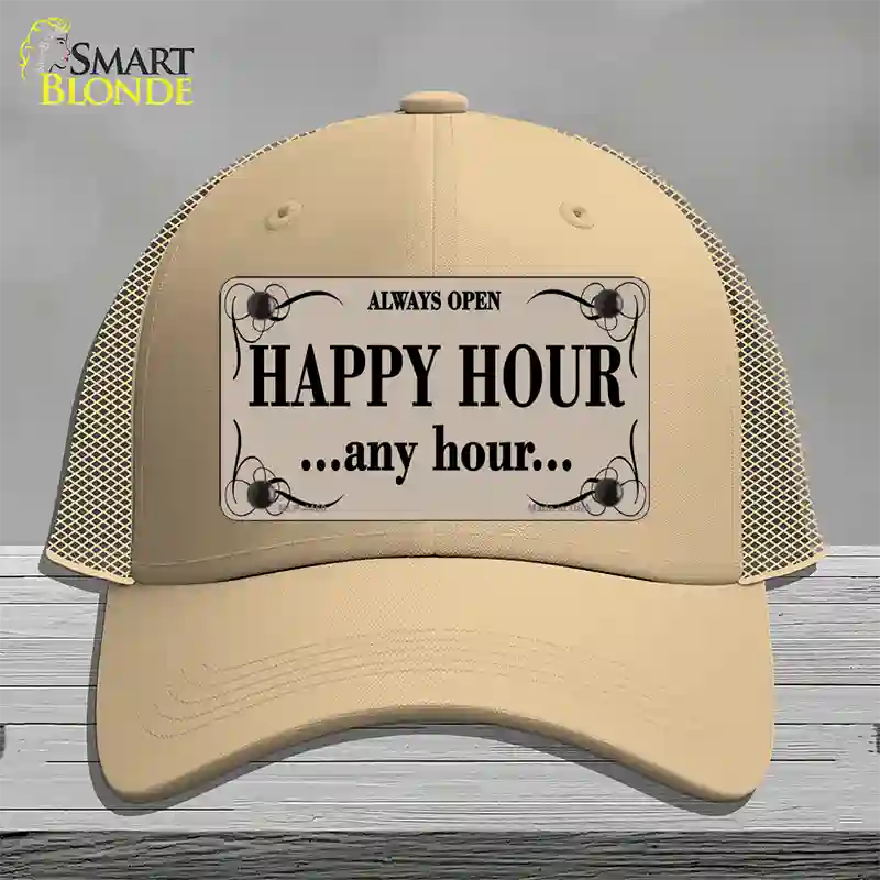 Happy Hour Any Hour Novelty License Plate Hat Mesh / Khaki