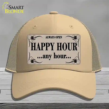 Happy Hour Any Hour Novelty License Plate Hat Mesh / Khaki