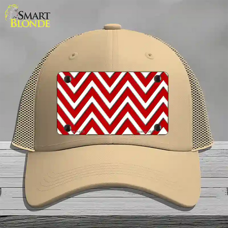 Red White Large Chevron Novelty License Plate Hat Mesh / Khaki