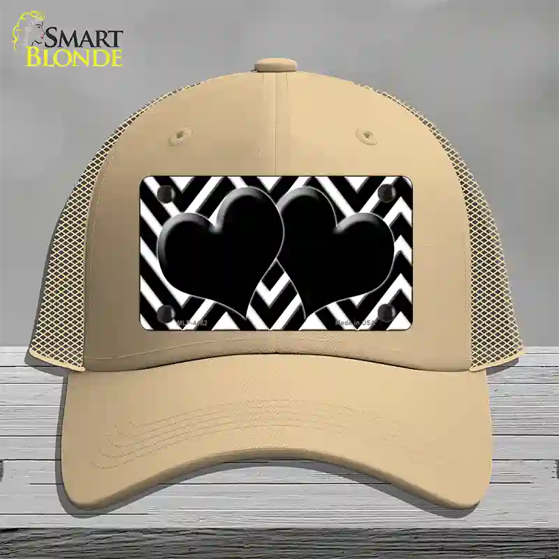 Black White Large Chevron Black Center Hearts Novelty License Plate Hat Mesh / Khaki