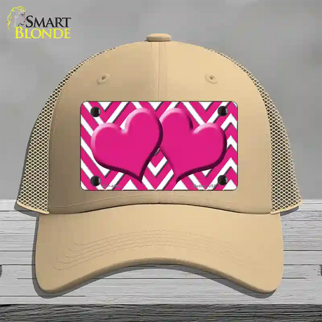 Pink White Large Chevron Hot Pink Center Hearts Novelty License Plate Hat Mesh / Khaki