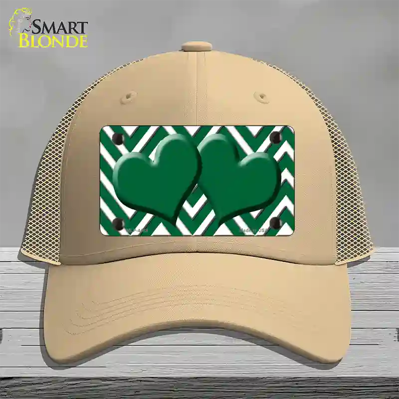 Green White Large Chevron Green Center Hearts Novelty License Plate Hat Mesh / Khaki