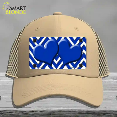 Blue White Large Chevron Blue Center Hearts Novelty License Plate Hat Mesh / Khaki