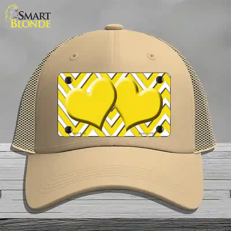 Yellow White Large Chevron Yellow Center Hearts Novelty License Plate Hat Mesh / Khaki