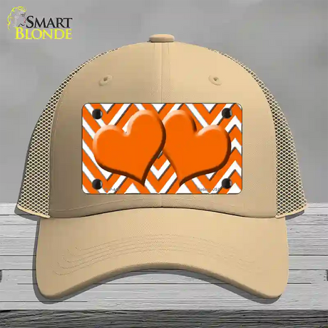 Orange White Large Chevron Orange Center Hearts Novelty License Plate Hat Mesh / Khaki