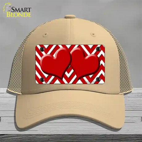 Red White Large Chevron Red Center Hearts Novelty License Plate Hat Mesh / Khaki