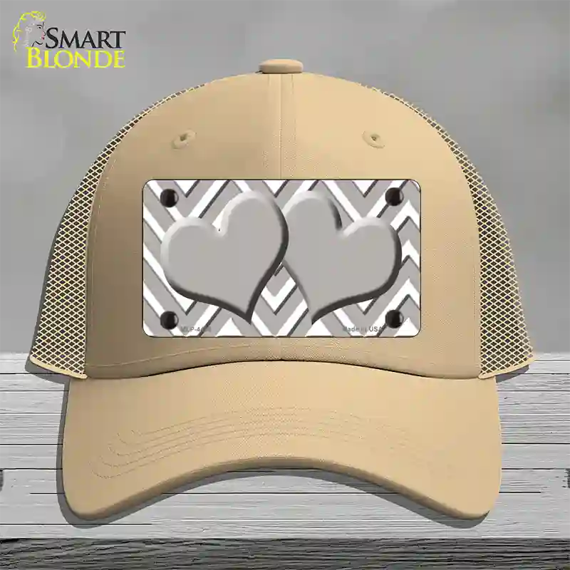 Grey White Large Chevron Grey Center Hearts Novelty License Plate Hat Mesh / Khaki