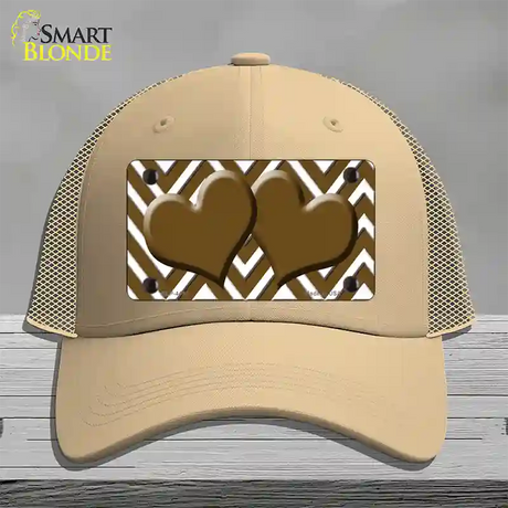 Brown White Large Chevron Brown Center Hearts Novelty License Plate Hat Mesh / Khaki