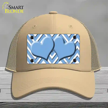 Light Blue White Large Chevron Light Blue Center Hearts Novelty License Plate Hat Mesh / Khaki