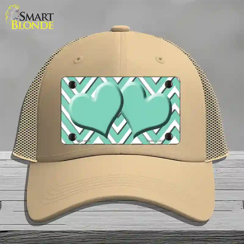 Mint White Large Chevron Mint Center Hearts Novelty License Plate Hat Mesh / Khaki