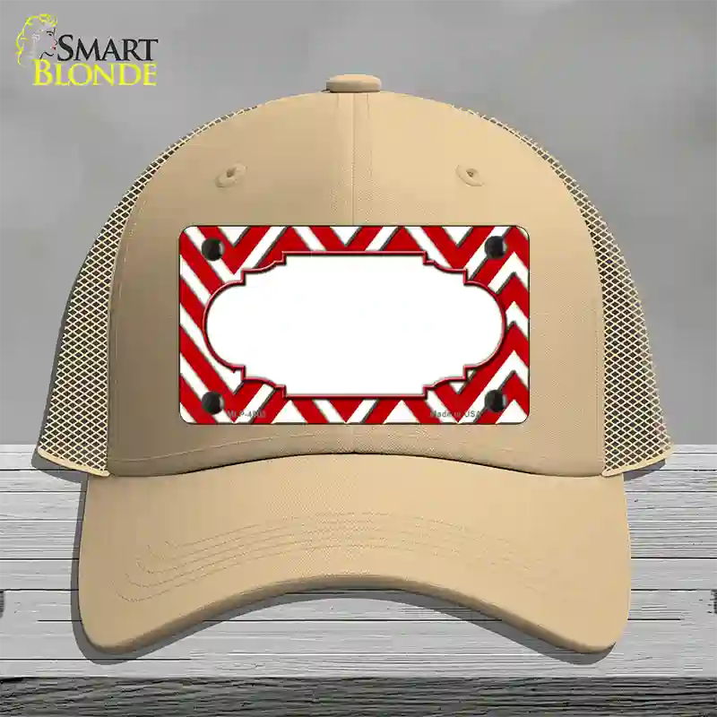 Red White Large Chevron Center Scallop Novelty License Plate Hat Mesh / Khaki