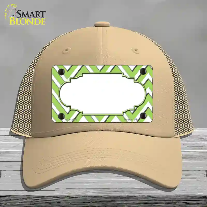 Lime Green White Large Chevron Center Scallop Novelty License Plate Hat Mesh / Khaki