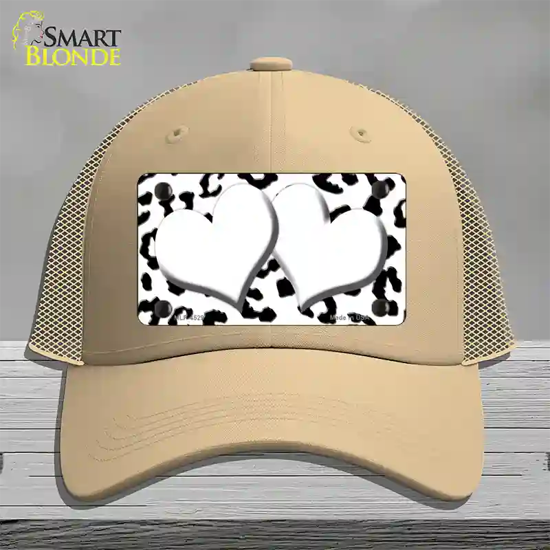 White Black Cheetah White Center Hearts Novelty License Plate Hat Mesh / Khaki