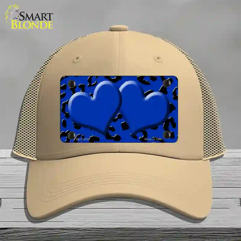 Blue Black Cheetah Blue Center Hearts Novelty License Plate Hat Mesh / Khaki