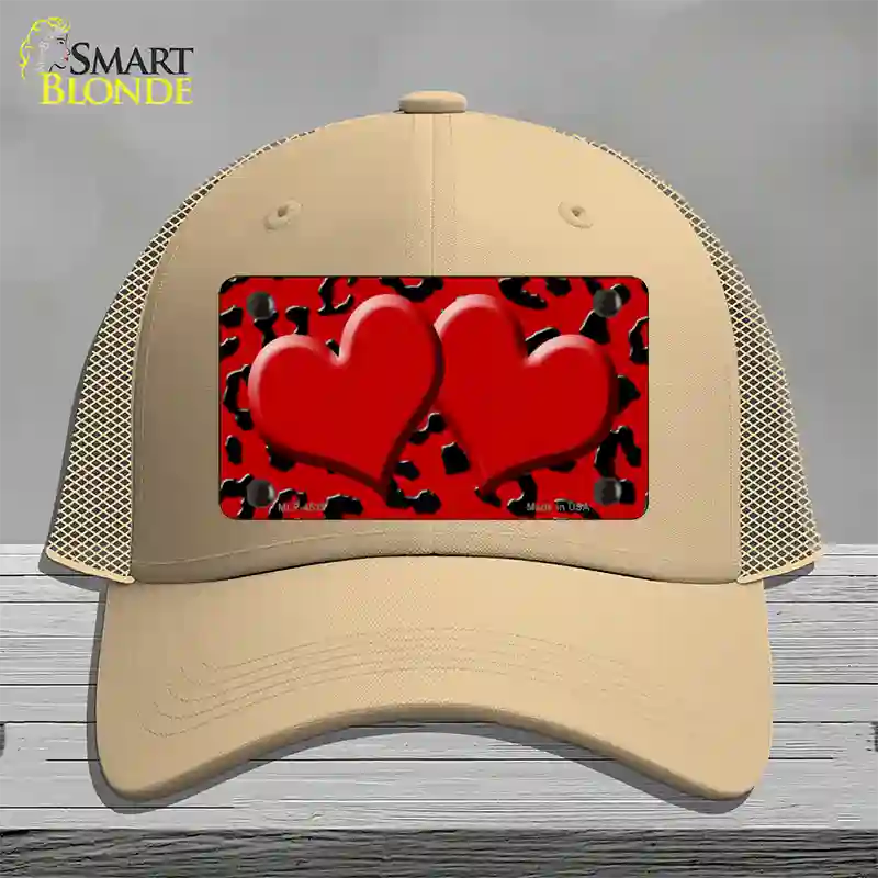 Red Black Cheetah Red Center Hearts Novelty License Plate Hat Mesh / Khaki