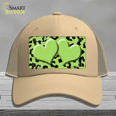 Lime Green Black Cheetah Lime Green Center Hearts Novelty License Plate Hat Mesh / Khaki