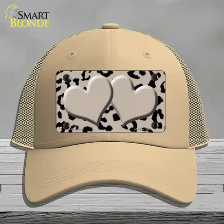 Tan Black Cheetah Tan Center Hearts Novelty License Plate Hat Mesh / Khaki