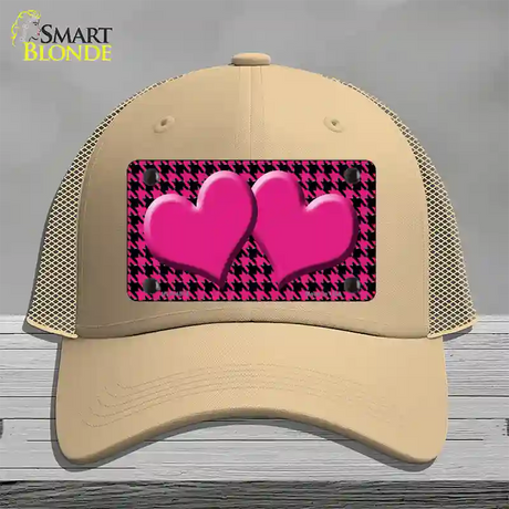 Pink Black Houndstooth Pink Center Hearts Novelty License Plate Hat Mesh / Khaki