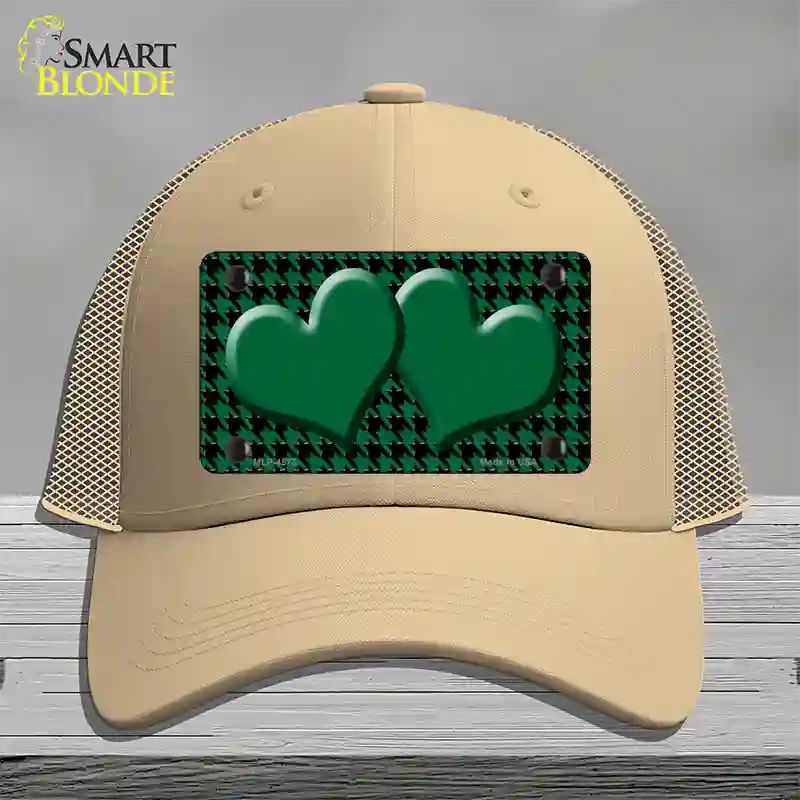 Green Black Houndstooth Green Center Hearts Novelty License Plate Hat Mesh / Khaki