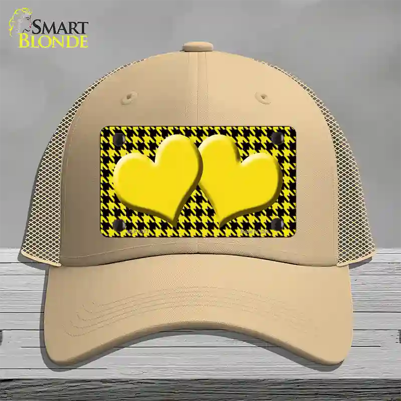 Yellow Black Houndstooth Yellow Center Hearts Novelty License Plate Hat Mesh / Khaki