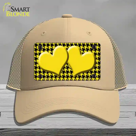 Yellow Black Houndstooth Yellow Center Hearts Novelty License Plate Hat Mesh / Khaki