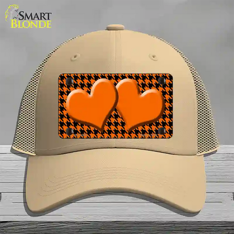 Orange Black Houndstooth Orange Center Hearts Novelty License Plate Hat Mesh / Khaki