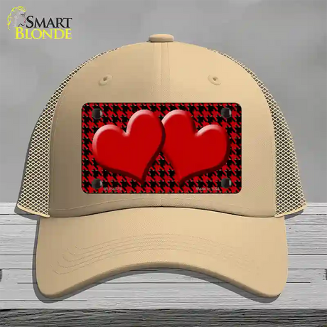 Red Black Houndstooth Red Center Hearts Novelty License Plate Hat Mesh / Khaki