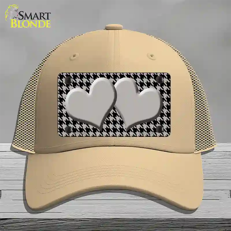 Grey Black Houndstooth Grey Center Hearts Novelty License Plate Hat Mesh / Khaki